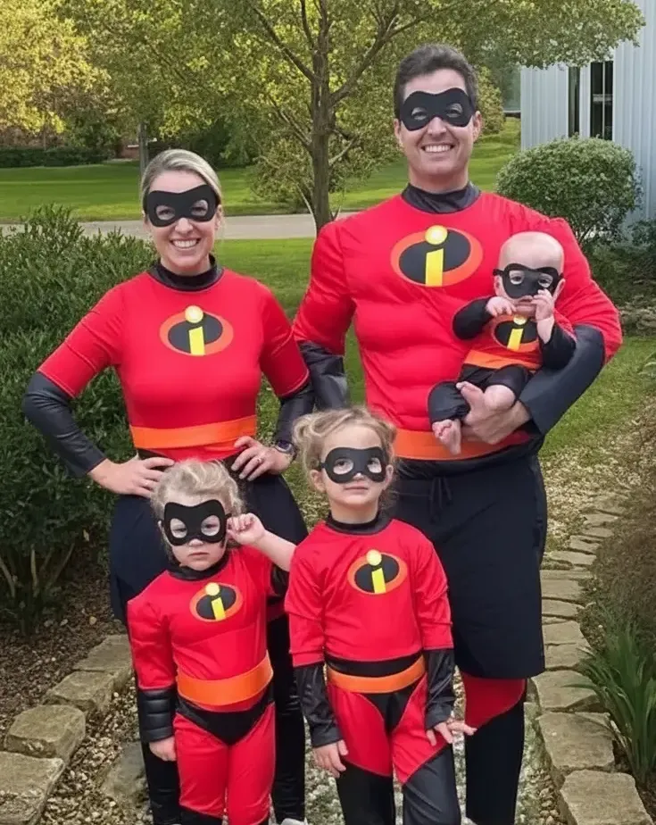 A real estate investment team and their family dressed in superhero costumes outdoors.