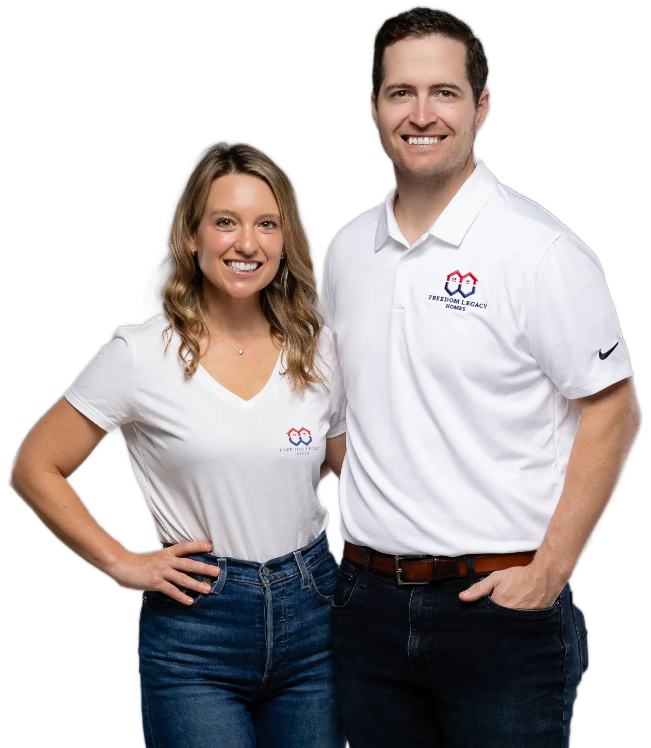 A smiling female and male real estate team wearing branded white polo shirts and jeans. A smiling female and male real estate team wearing branded white polo shirts and jeans.