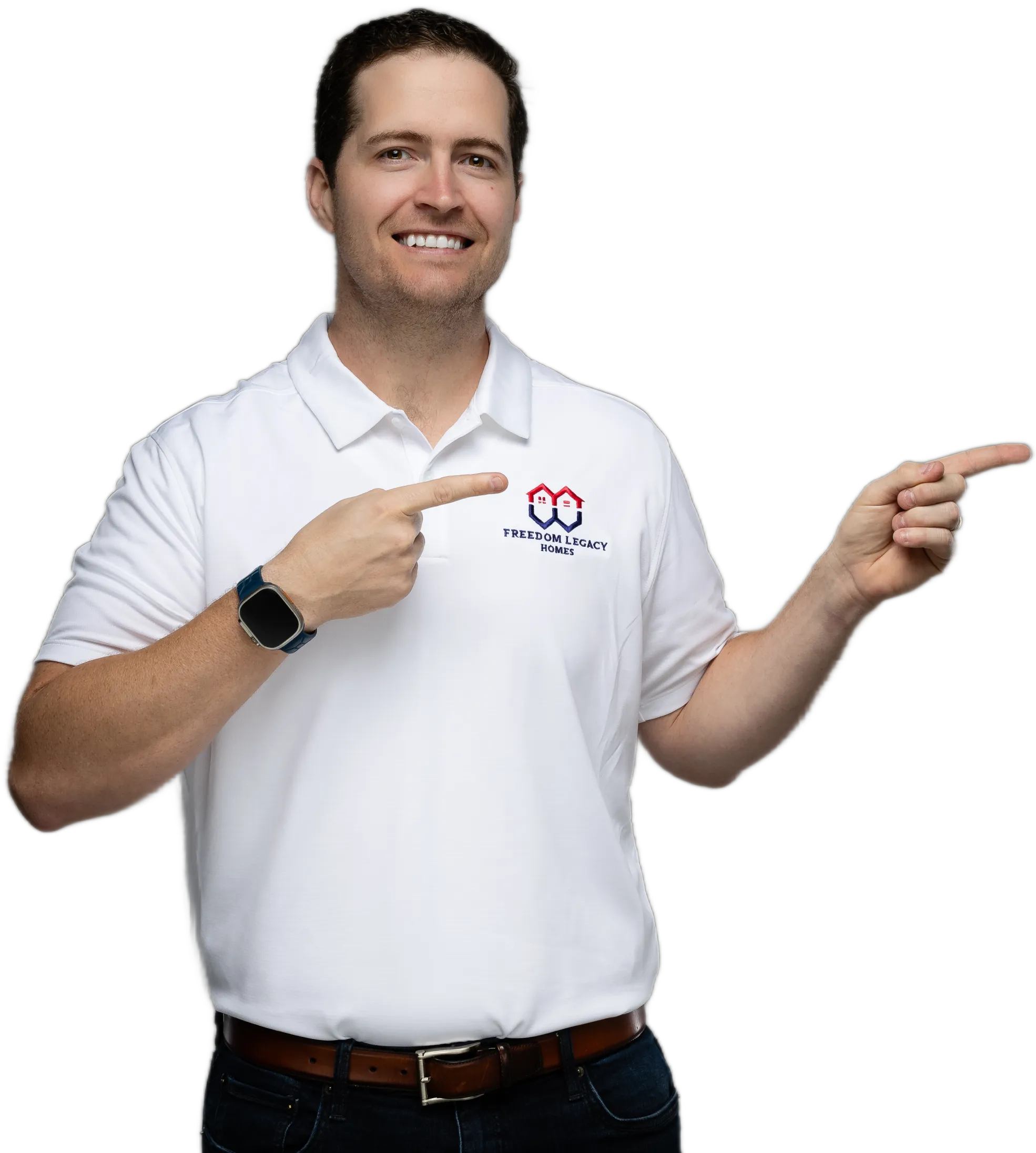 A smiling male real estate professional in a white polo shirt pointing to his right. A smiling male real estate professional in a white polo shirt pointing to his right.