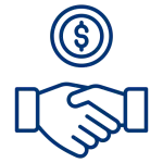 Blue line icon of a handshake with a dollar sign representing a cash home purchase.