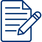 A blue line icon of a document and a pencil, representing real estate contracts and paperwork.
