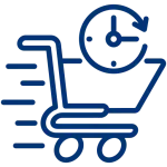 Blue line icon of a shopping cart with a clock indicating a rapid transaction.